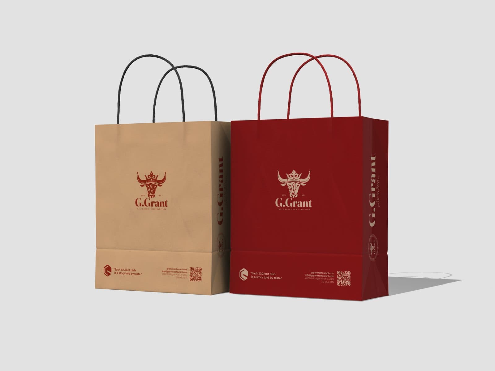 G.Grant kraft and red bags with the crest