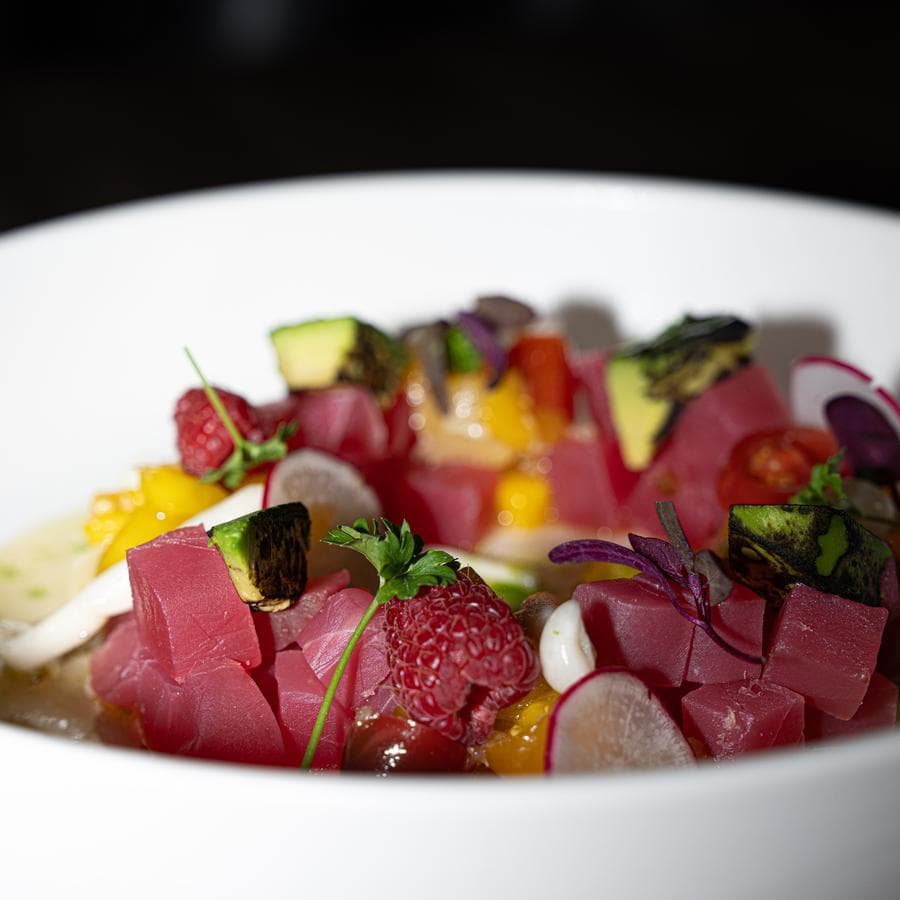 Tuna ceviche with raspberry and charred avocado